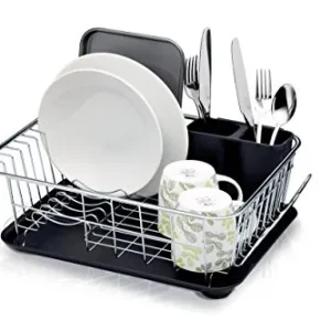 Escurridor de platos cromado en acero inoxidable con bandeja de drenaje y compartimento para cubiertos