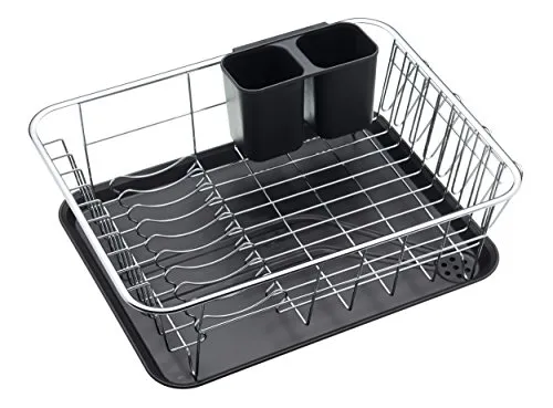 Escurridor de platos cromado en acero inoxidable con bandeja de drenaje y compartimento para cubiertos - Imagen 2