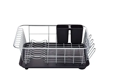 Escurridor de platos cromado en acero inoxidable con bandeja de drenaje y compartimento para cubiertos - Imagen 3